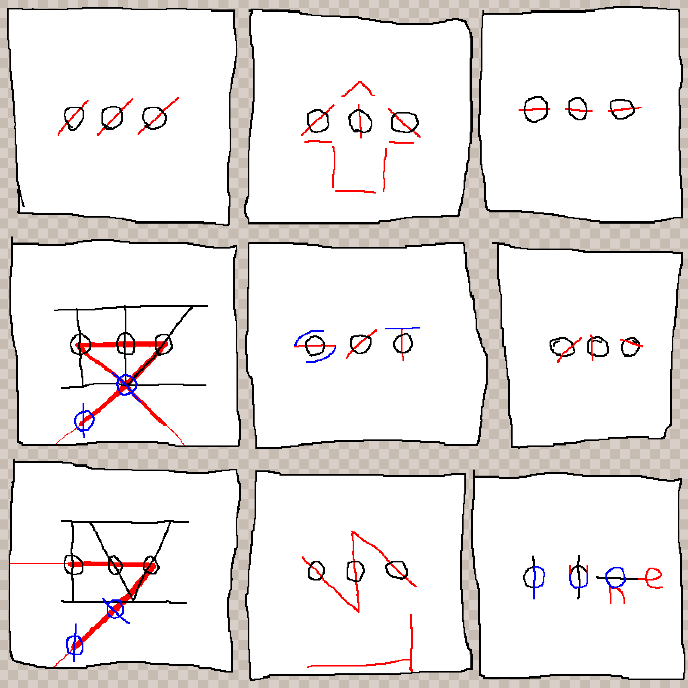 Several sketches showing three small circles with lines drawn over them in different orientations