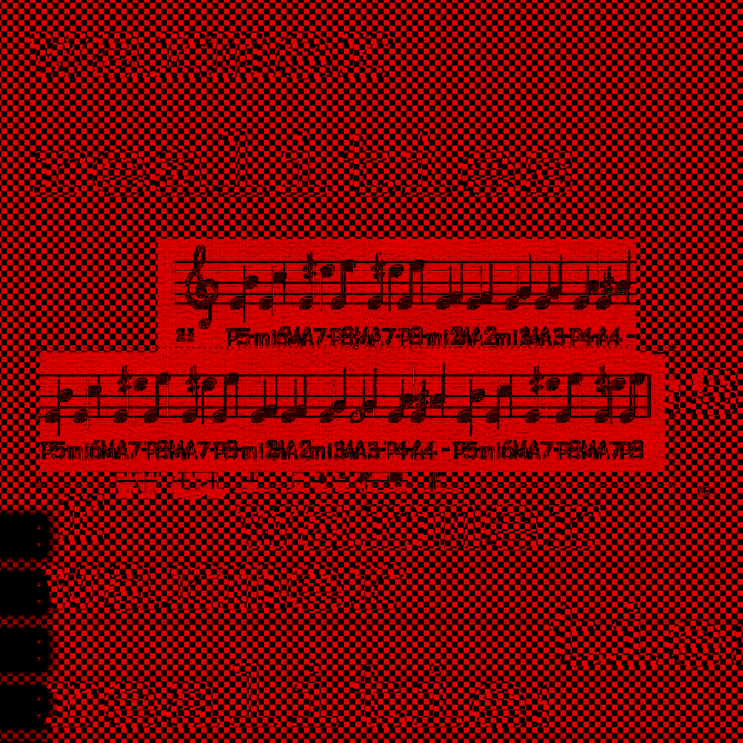 Red and black checkerboard with crusty squished-together nearly unreadable sheetmusic in the middle. Hard to read text in backround says Warmer Realities