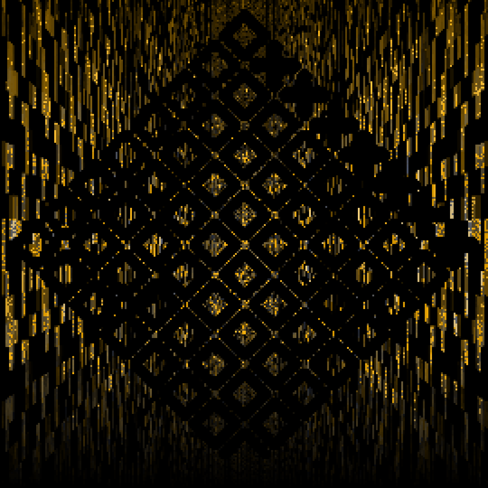 Yellow and black abstract art with rotated 8x8 grid of squares. Row on top right have crosses instead of squares, except for the top-most one.